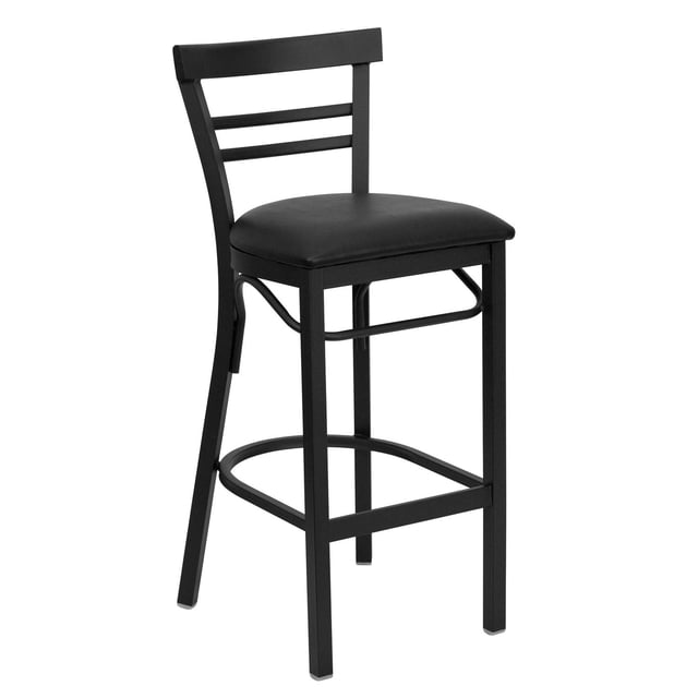 HERCULES Series Black Two-Slat Ladder Back Metal Restaurant Barstool - Black Vinyl Seat