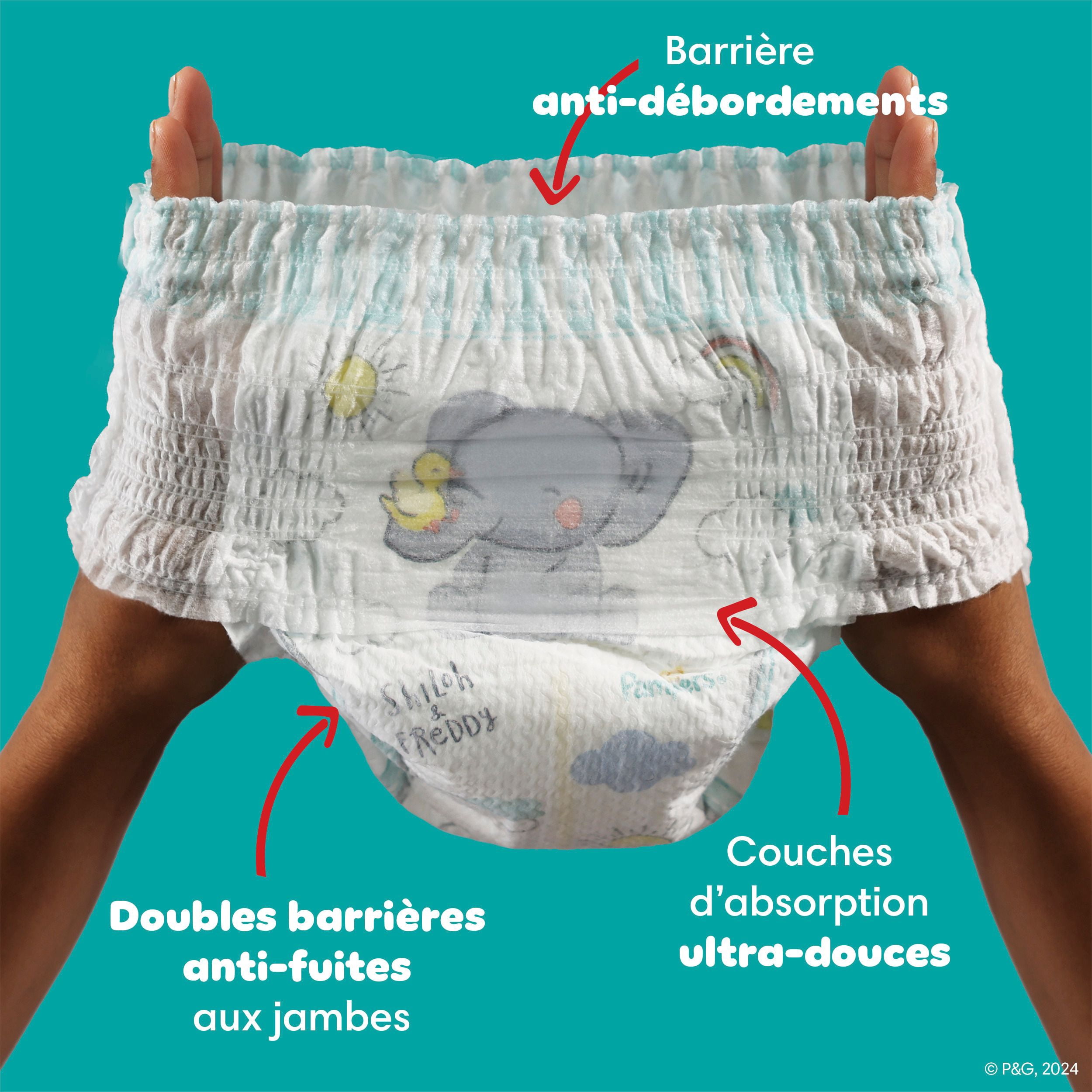 Pampers Couches - Swaddlers 360° - Taille 6, jusqu'à 100 % Anti-Fuites, Ajustement Confortable et au Sec, Attaches EZ Off Conçues pour des Changements Faciles, Couche à Enfiler