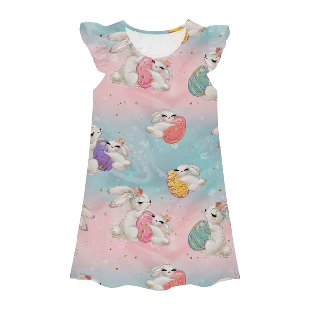 MIASHUI Robe de Princesse pour Filles, Chemises de Nuit pour Enfants Filles, Manches Volantées, Pyjama, Bleu Ciel, 5-6 Ans