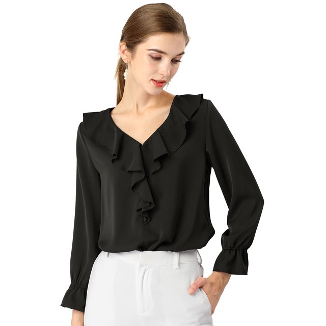 INSPIRE CHIC Women's Ruffle V Neck Elegant Office Work Chiffon Blouse Top