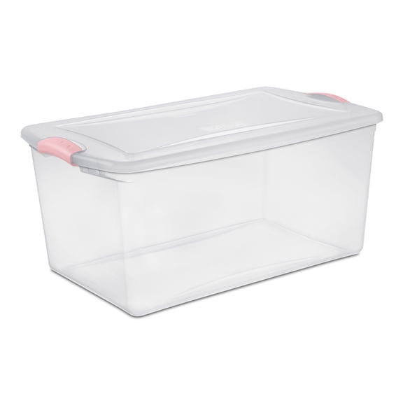 Sterilite 62 Liter Latch Box, Clear Plastic Storage Bin with Lid, Pink Latch