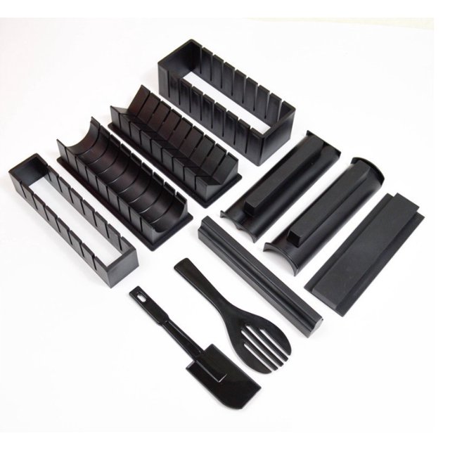 Sushi Maker Home Sushi Mold Press Plastic Sushi Maker Tool Easy Sushi Making Kit Sushi Set 10 Pieces. This 10-piece kit includes black food-grade PP molds for making sushi in various shapes like hearts, squares, triangles, and rounds. The set features a rice paddle and spatula, designed for easy use with a fill-and-press method. The smooth, non-stick surface ensures easy cleaning and durability, making it perfect for beginners and sushi enthusiasts.