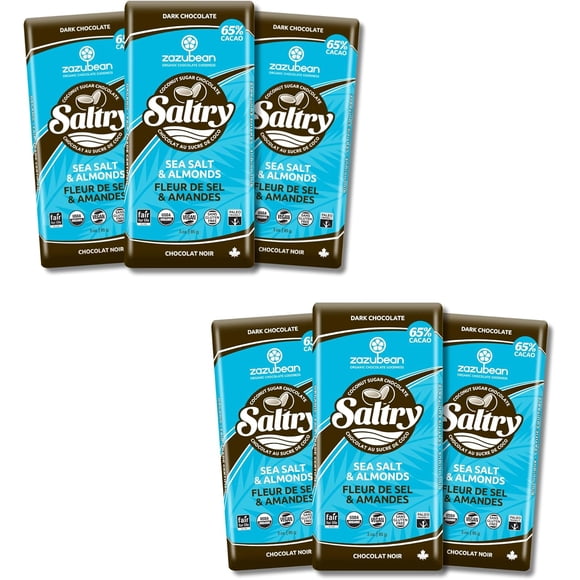 Zazubean Organic Chocolates Saltry Sea Salt & Almonds Dark Chocolate Bars with Coconut Sugar (6 x 85g)