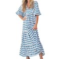 thumbnail image 2 of EGNMCR Robes de Fête pour Femmes Robe Maxi Décontractée à Manches Trois Quarts pour Femmes Bohème à Fleurs à Col en V Manches Courtes Bouffantes Robe de Plage à Volants Robe Longue, 2 of 9
