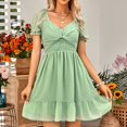 thumbnail image 2 of B91xZ Femmes Été Élégante Robe Casual Manches Courtes Smocked Robe V Cou Haut Tour de Taille Étagée Robes Midi, Vert M, 2 of 5