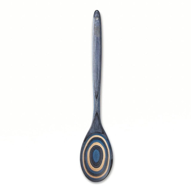 Thyme & Table Pakka Wood Spoon, Blue, a handcrafted layered hardwood kitchen spoon with a long handle featuring a hanging hole and a bowl decorated with concentric rings in blue, natural wood, and dark tones, suitable for stirring, serving, and mixing.