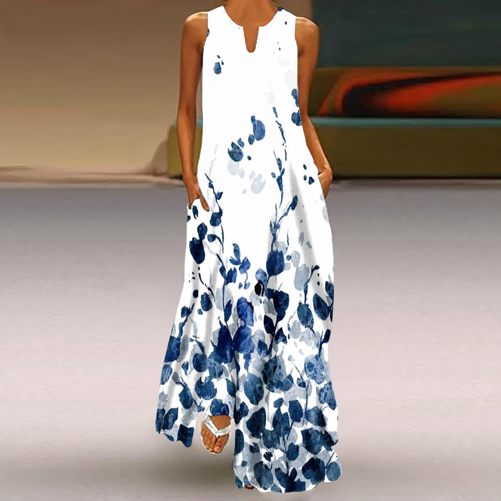 Lenago Robe Maxi Grande Taille pour Femmes Décontractée Ample Imprimée Robe Débardeur Plage Col en V avec Poche Robe d'Été Sans Manches Robes d'Été de Plage en Liquidation