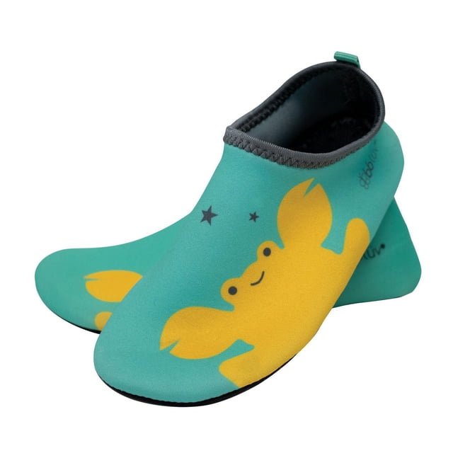bblüv - Shoöz - Baby Water Shoes in aqua with a yellow crab graphic and black stars, featuring flexible, non-slip soles and black ankle trim, designed for toddlers aged 1 to 4 years for safe outdoor, pool, and beach activities.