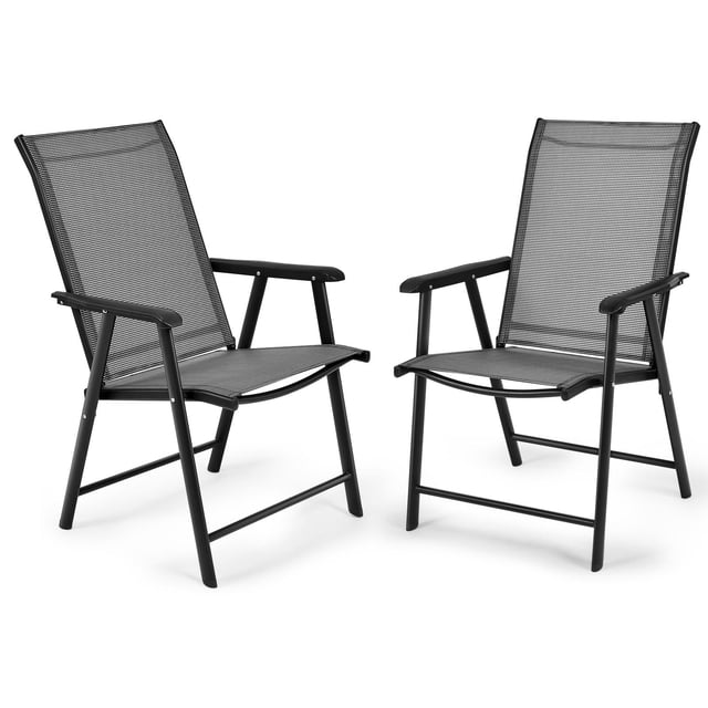 Giantex Folding Dining Chair set of two, designed for indoor and outdoor use, including patio furniture, camping, gardening, and beach outings. These chairs feature black powder-coated steel frames and grey breathable fabric, offering durability and weather resistance. Each chair includes ergonomic armrests, a slightly tilted backrest, and a sturdy frame supporting up to 330 lbs. The lightweight, foldable design ensures easy storage and transport, making them ideal folding outdoor chairs.