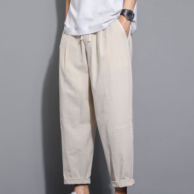 asjyhkr Plus Size Mens Linen Pants Elastic Waist Drawstring Hiking Beach Cropped Pants with Pockets,M-5XL