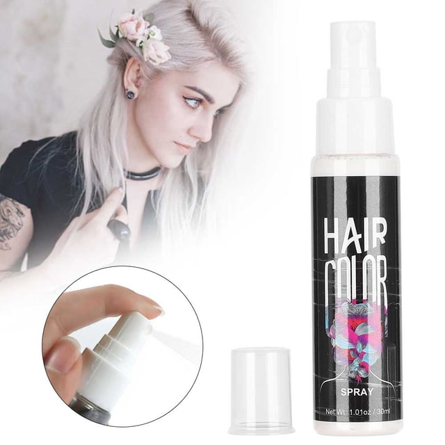 Non-permanent Dye Mist Unisex Hair Dye Spray in white, shown in a 30ml bottle with a clear cap. This temporary hair colour spray is ideal for cosplay events, parties, and gatherings. The image includes a close-up of the spray nozzle and a lifestyle depiction of white-dyed hair styled with floral accessories.