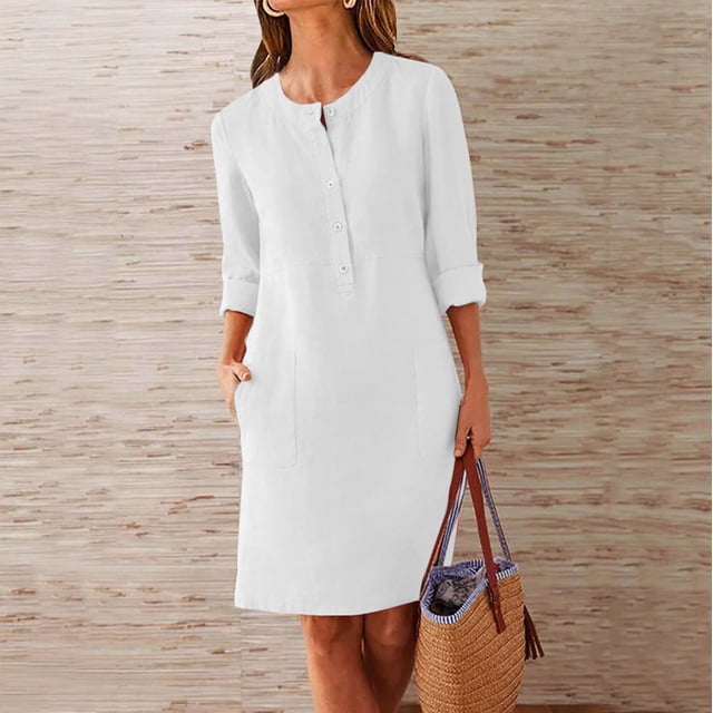 Aqestyerly Robe Unie à Manches Longues pour Femmes avec Poches, Robe à Col Rond avec Détails de Boutons pour l'Automne et l'Hiver, Tenue Décontractée HWRETIE