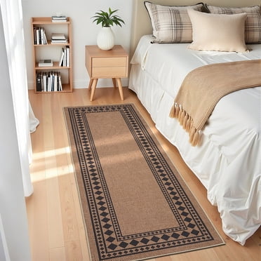 Garvee 2'x6' Modern Bordered Rug Solid Runner Rug, Geometric Washable Rugs Stain Resistant Low Pile Rug Non Slip Indoor Outdoor Carpet for Hallway Bedroom Home Office, Coffee