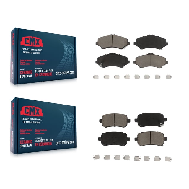 CMX Front Rear Ceramic Brake Pads Kit for Dodge Grand Caravan, Journey, Chrysler Town & Country, Volkswagen Routan, and Ram C/V. Includes front and rear ceramic brake pad sets with hardware. Designed for brake replacement, featuring CeramiX™ high-density ceramic compound for optimal braking performance, rubberized stainless steel shims for noise reduction, and High Carbon SteelRX™ alloy with anti-rust black paint for durability.