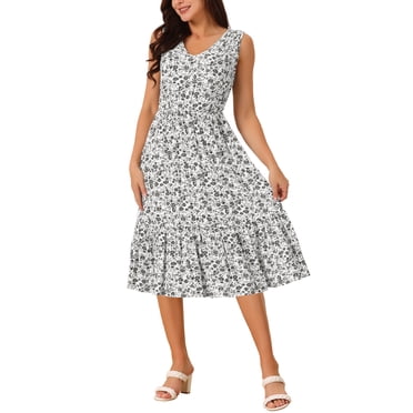 INSPIRE CHIC Robe d'Été Bohème de Plage pour Femme, Col en V, Sans Manches, Florale, Fluide, à Nouer, Midi, Décontractée, Robe Soleil, m Blanc