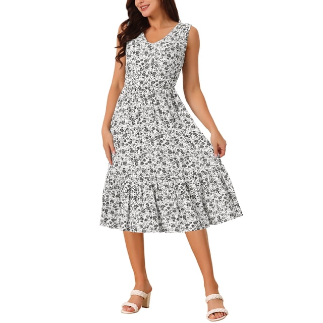 INSPIRE CHIC Robe d'Été Bohème de Plage pour Femme, Col en V, Sans Manches, Florale, Fluide, à Nouer, Midi, Décontractée, Robe Soleil, L Blanc