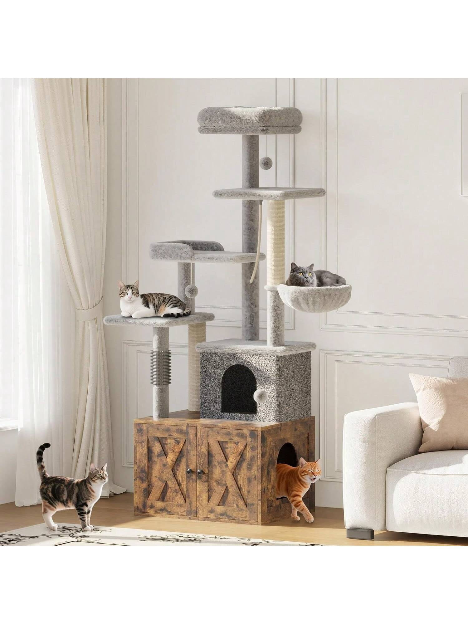 QinaQin Indoor Cat Tree with Hidden Litter Box Enclosure Scratching Posts Multiple Platforms Condo Hammock and Modern Style All in One Kitten House