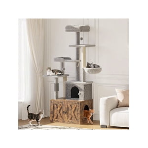 QinaQin Indoor Cat Tree with Hidden Litter Box Enclosure Scratching Posts Multiple Platforms Condo Hammock and Modern Style All in One Kitten House