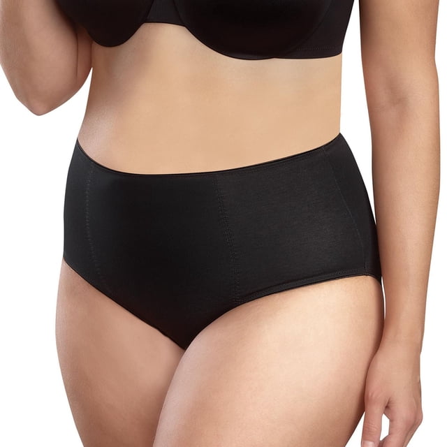 Secret Cotton Shaping Brief 2pk in black on a model, featuring medium control shaping briefs with targeted panel seams smoothing tummy and hips, a centre back seam for better fit, and a cotton-lined gusset, ideal for a smooth look under clothing.