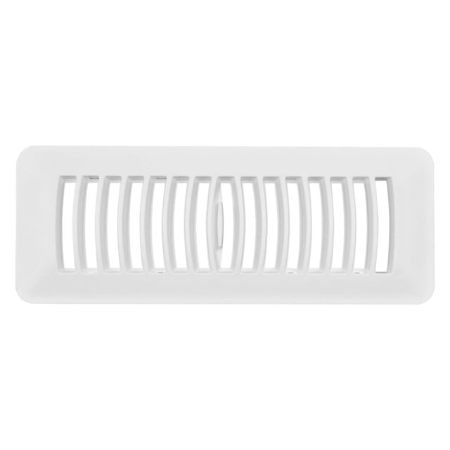 Imperial 3" x 10" white louvered polystyrene floor register with rectangular frame and vertical slats, featuring a central three-position damper for airflow control, rust-proof and scratch-resistant, suitable for floor or ceiling installation in home ventilation systems.