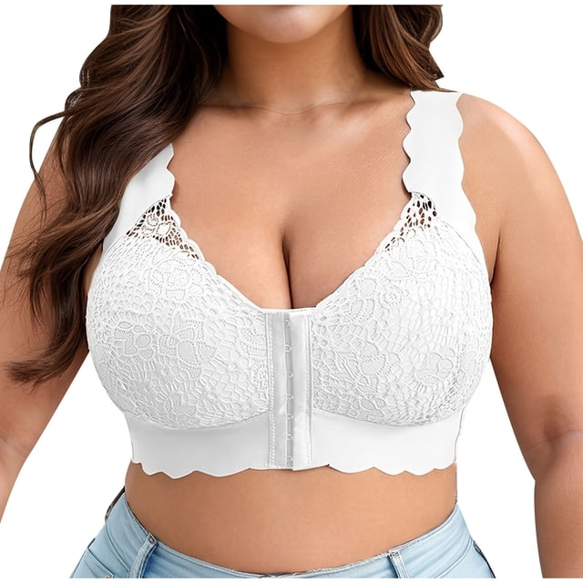 biudgviw Women's Front Closure Bras Plus Size Full Coverage Lace Push up Underwire Bras Supportive Everyday Bralettes. A white lace bra with scalloped edges, front closure, and wide straps designed for comfort and support. Ideal for plus size women seeking full coverage and elegance. Suitable for casual wear, formal outfits, or special occasions.