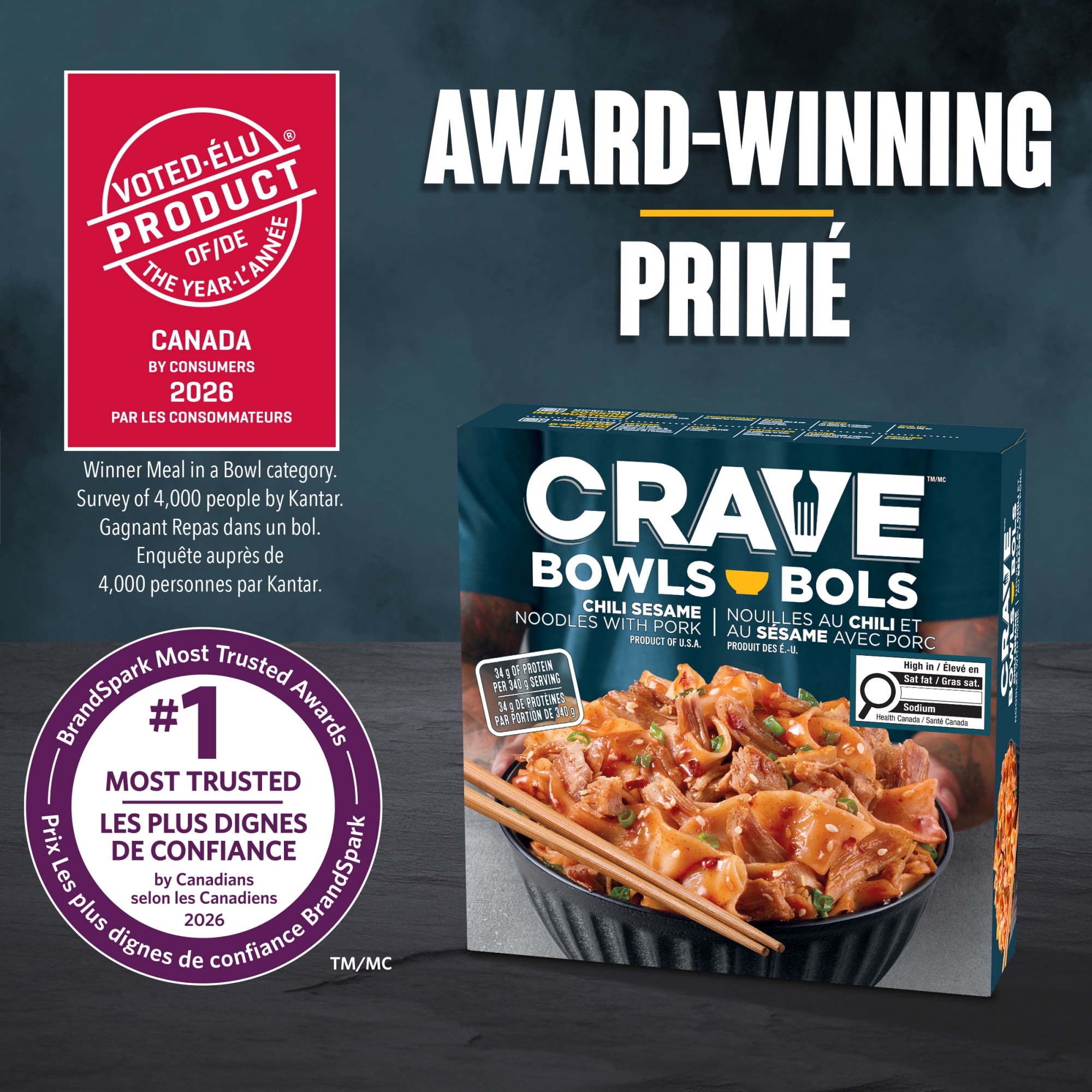 CRAVE Chili Sesame Noodles with Pork Noodle Bowl, 340 g Box, CRAVE CHILI SESAME NOODLES W/PORK