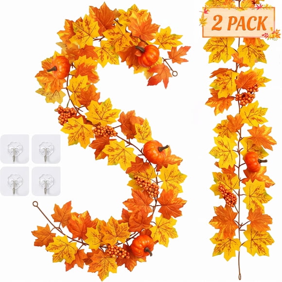 Kidsjoy Fall Leaves Garland 2 Pack, 5.7Ft Artificial Maple Leaf Autumn Garland, Orange Autumn Garland for Thanksgiving, Fireplace Mantel, Doorway
