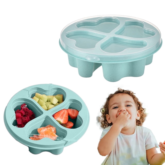 Qonioi Heart Shaped Snack Box, 4 Compartment Bento Lunch Box with Lid, Stackable Plastic Food Storage Container for Kids Snacks Fruit Candy