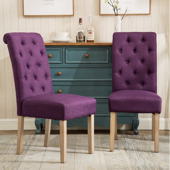 Roundhill Furniture Habit Solid Wood Tufted Parsons Dining Chair, Purple (Set of 2)