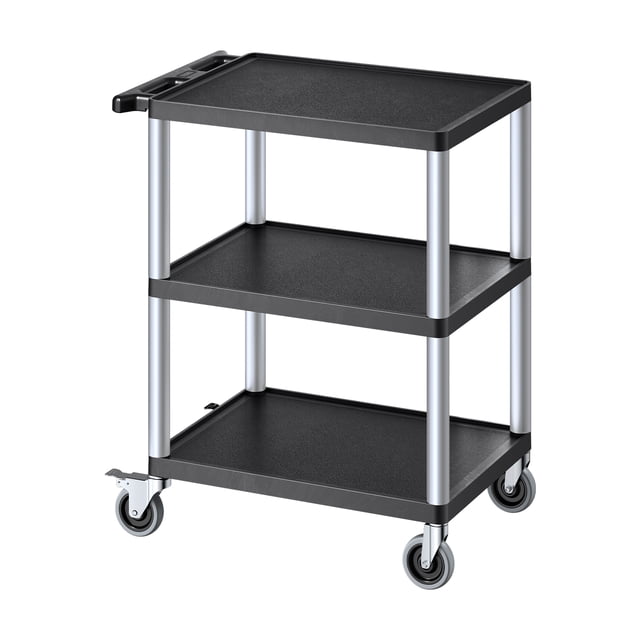 VEVOR Chariot Utilitaire à 3 Tablettes avec une Capacité de 300 Lb, Doté d'Un Cadre en PP de Qualité Industrielle Noir et de Trois Plateaux Plats. le Plateau Supérieur Mesure 27,6 x 18,1 Pouces et Sert Aussi de Poste de Travail mobile, les Plateaux du Milieu et du Bas Supportent 150 Lb Chacun. le Chariot Comprend 4 Roulettes Pivotantes, 2 avec Freins, pour une Mobilité Fluide et un placement Sécurisé. Conçu avec une Rainure de Poignée pour la Gestion des Câbles, Il Est Idéal pour les Bureaux, les garages Ou les Entrepôts