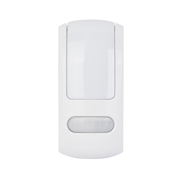 White Automatic Dusk to Dawn Motion Activated Plug-In LED Night Light with a smooth white finish, featuring a large curved diffuser and a rectangular motion sensor, providing energy-efficient 0.9 watt soft white 3000 kelvin light ideal for indoor use in hallways and bedrooms.