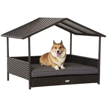 PawHut Niche pour Chien en Osier avec Coussin Amovible, Gris