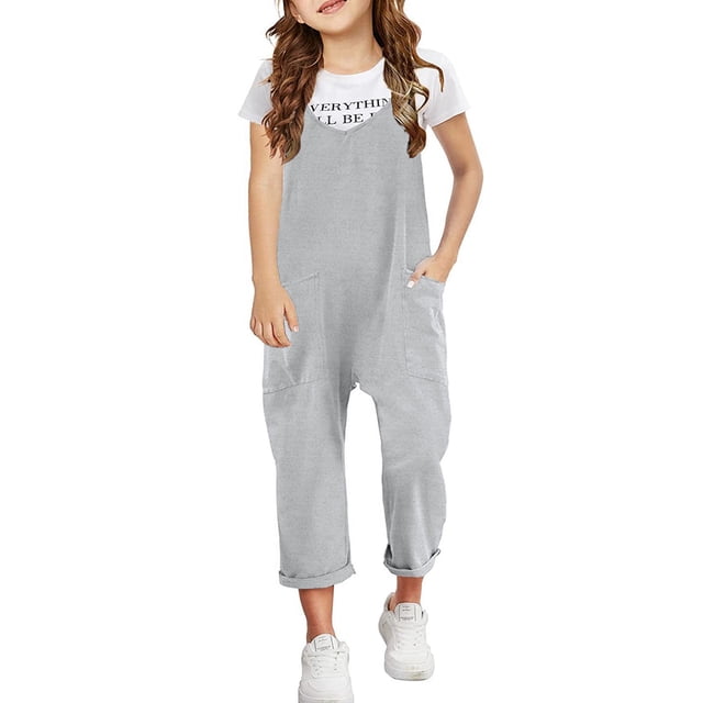 Wdgfv Girls V Neck Sleeveless Jumpsuits Spaghetti Straps Harem Long Pants Rompers With Pockets Grey 4-5 Years