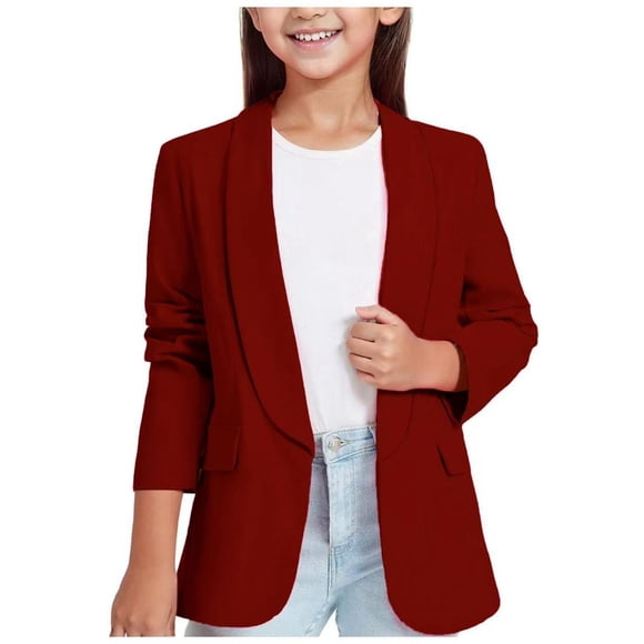 Girls Blazer Jacket Long Sleeve Shawl Collar Open Front Formal Blazers Suit Pocket for Kids