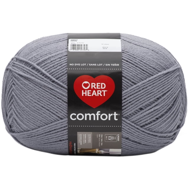 Red Heart® Comfort® Yarn solid grey acrylic #4 medium weight yarn ball, 16oz/454g with 867 yards, tightly wound with smooth texture, suitable for knitting and crochet, often used for throws and blankets.