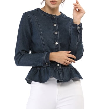 INSPIRE CHIC Women's Denim Jackets Button Down Peplum Hem Long Sleeves Cropped Jean Jackets Blue S