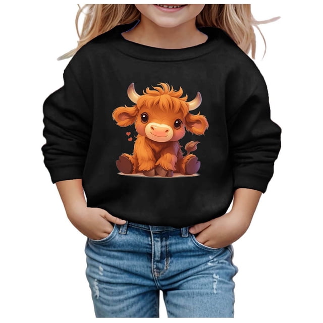Couverture Portable pour Enfants, Chandails à Capuchon Doux pour Filles, Automne et Hiver, Mignon Imprimé Vache, Col Rond, Manches Longues, Chandail Décontracté Sans Capuche