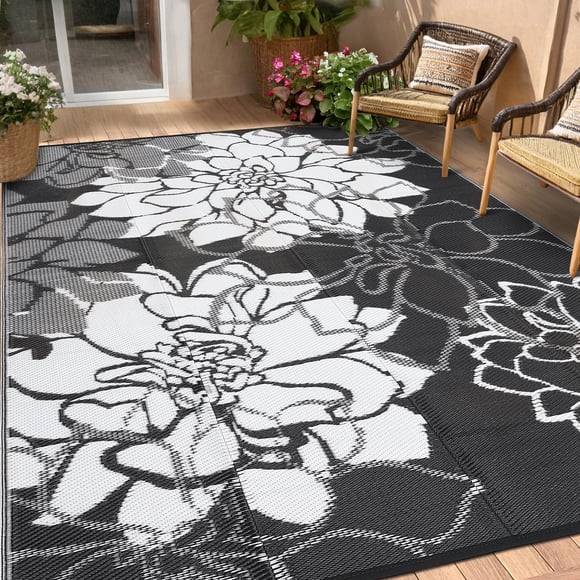 HIWEAVER 9' x 12' Black Outdoor Rug PP Plastic Straw Woven Waterproof Patio Rug with Border Portable Outside Carpet for Balcony Deck Picnic Garden Decor