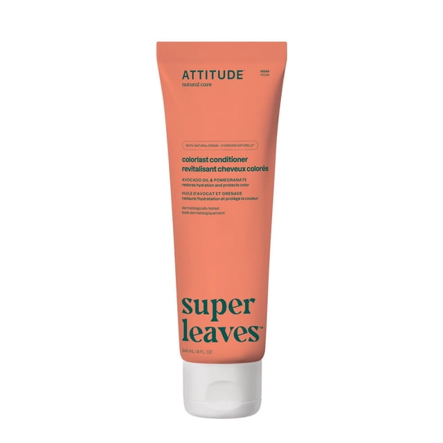 ATTITUDE super leaves Colorlast Conditioner 240 mL in a peach squeeze tube with white flip cap, formulated with avocado oil and pomegranate to hydrate and protect coloured hair, vegan and dermatologically tested for scalp and hair revitalization.