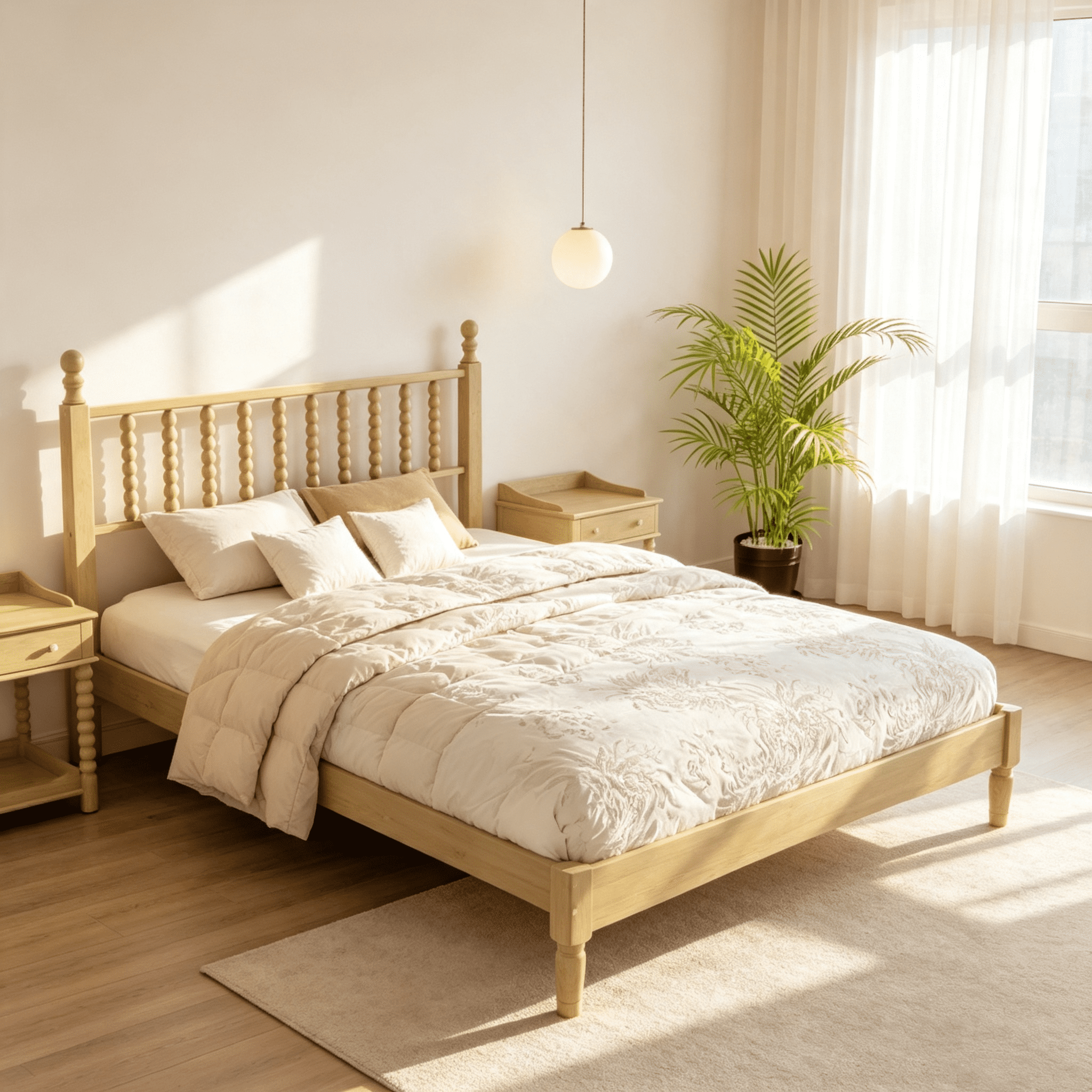 Homy Casa Queen Wood Platform Bed with Gourd-Shaped Headboard, Natural Finish, 10 Slats, No Box Spring