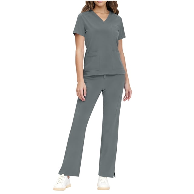 FRSASU Scrubs Set for Women Medical Uniform Stretch V-Neck Scrub Top & Drawstring Jogger Pant with Pockets Gray S(S)