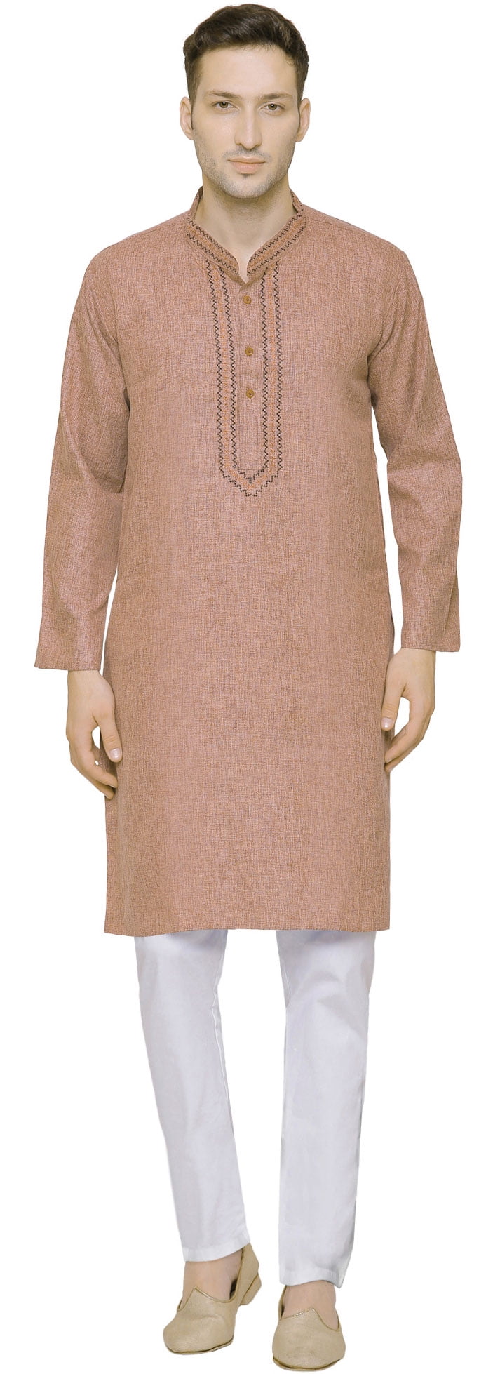 Traditional Cotton Men's Kurta Set Embroidered India Clothes (Brown, M)