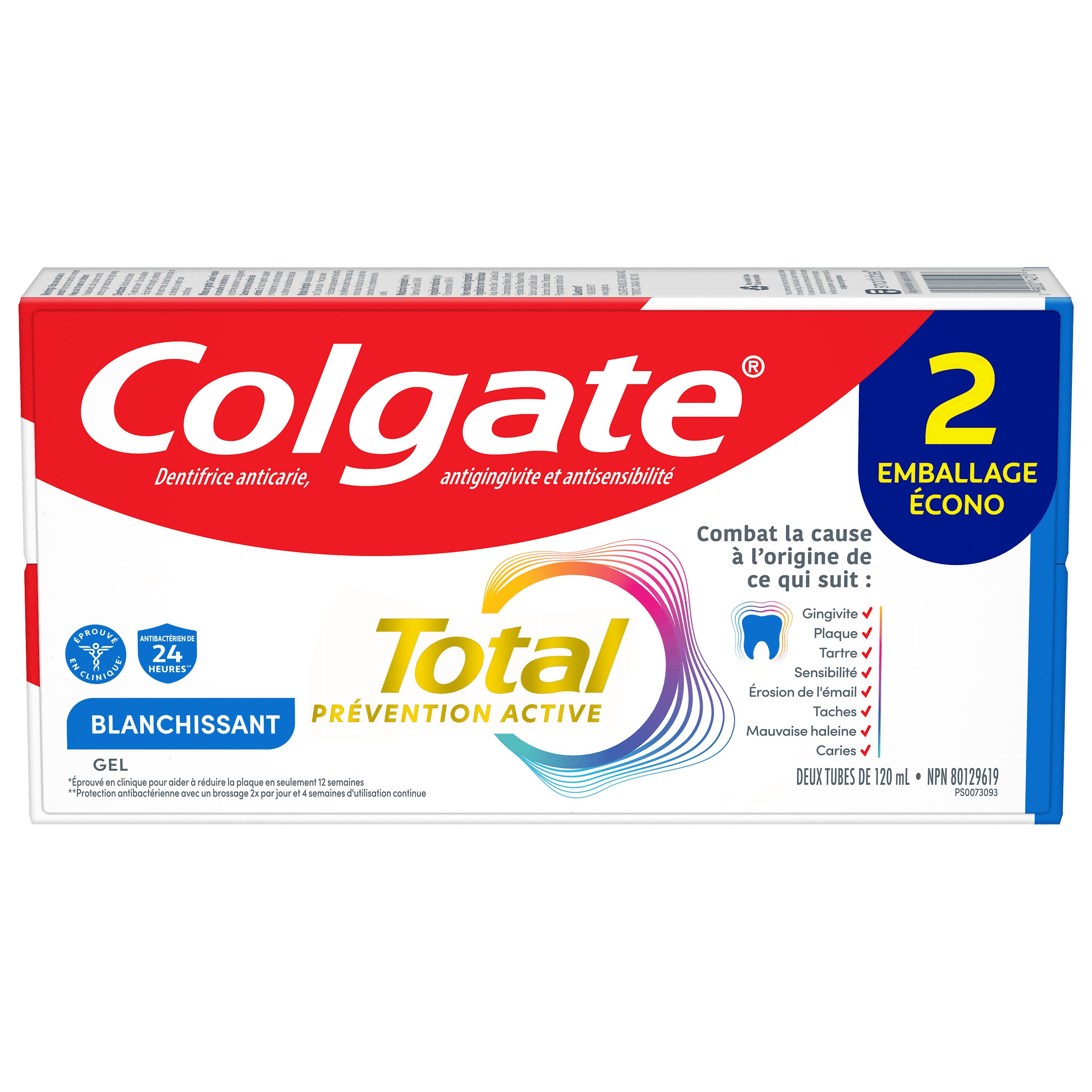 Colgate Total Prévention Active Dentifrice Blanchissant, Menthe, Emballage Écono 2 x 120 ml