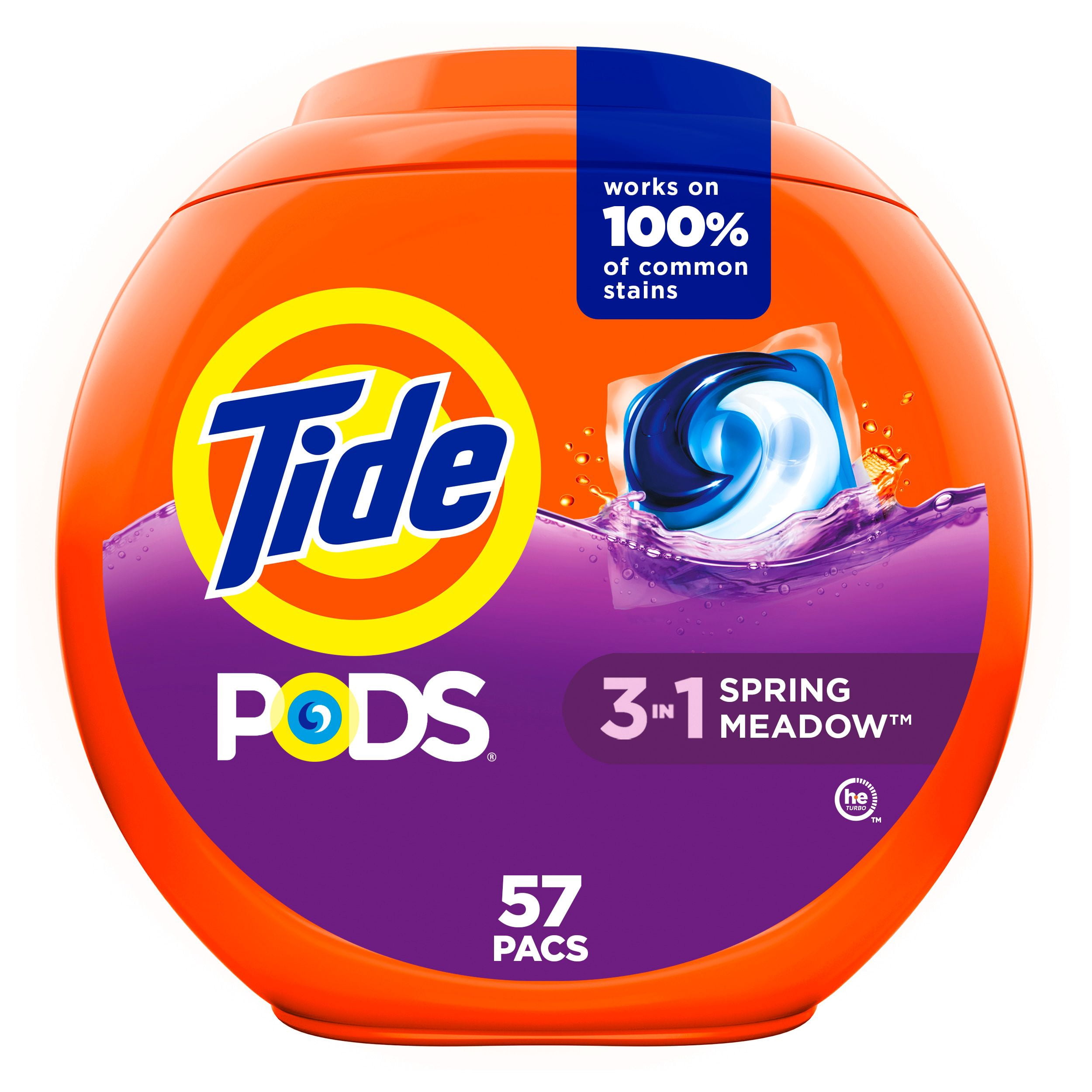 Tide PODS laundry detergent pacs, 3-in-1 Stain Remover, Odor Fighter, Color Protector, 57 Count, HE compatible, Spring Meadow Scent