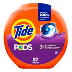 Tide PODS laundry detergent pacs, 3-in-1 Stain Remover, Odor Fighter, Color Protector, 57 Count, HE compatible, Spring Meadow Scent