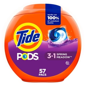 Tide PODS laundry detergent pacs, 3-in-1 Stain Remover, Odor Fighter, Color Protector, 57 Count, HE compatible, Spring Meadow Scent