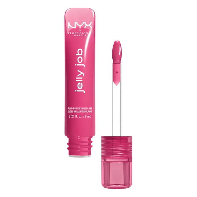 NYX Professional Makeup Lip Gloss Jelly Job full-bodied shine gloss in a bright pink tube with white text, shown open with a spatula applicator coated in jelly-like pink gloss, 0.27 fl. oz. / 8 mL, designed for lip smoothing and volumizing shine.