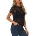 thumbnail image 4 of INSPIRE CHIC Haut en Dentelle Florale Transparente pour Femmes à Manches Courtes Froncées avec Bord Festonné Noir TP, 4 of 5