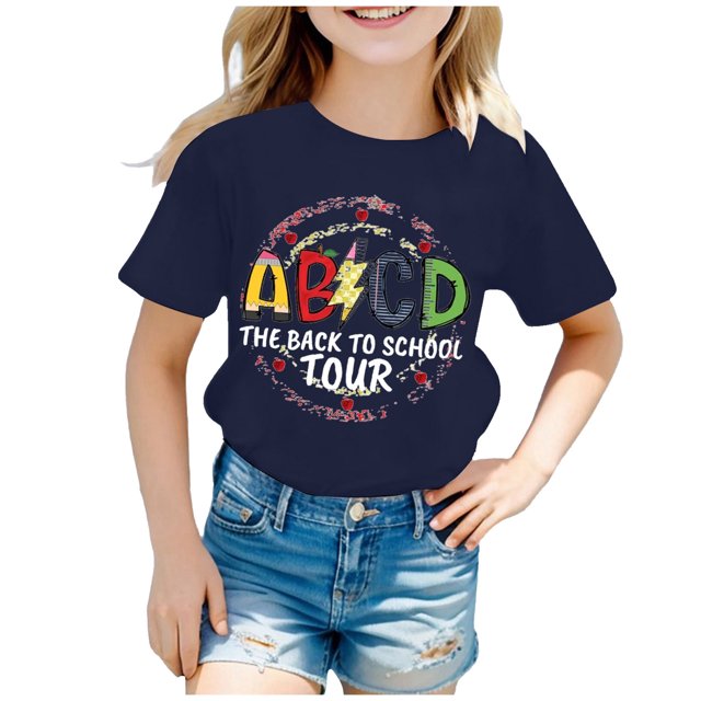 AWZXDE Hauts pour Filles Enfants Rentrée des Classes T-Shirt Graphique à Manches Courtes Col Rond Lumineux Confortable pour Garçons et Filles
