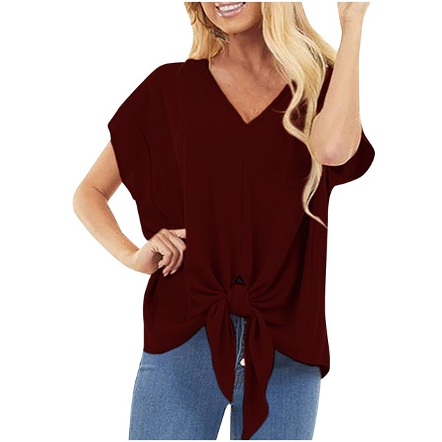 Pompotops T-Shirt Ample à Manches Courtes Col en V Uni pour Femmes avec Poche